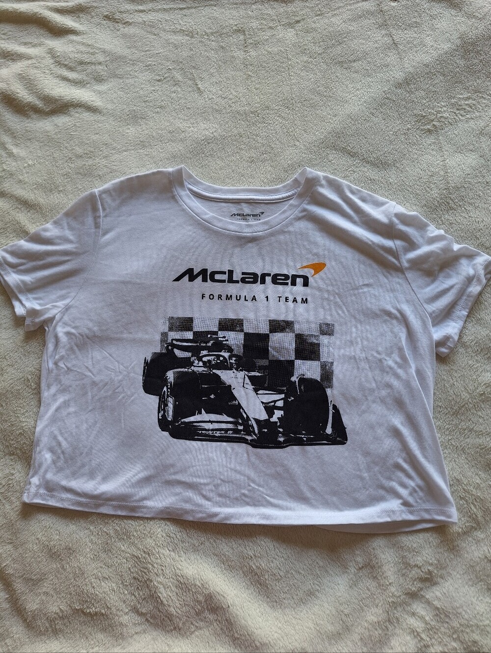 McLaren F1 Team Women's White Cropped T-Shirt Size L Car Graphic Tee